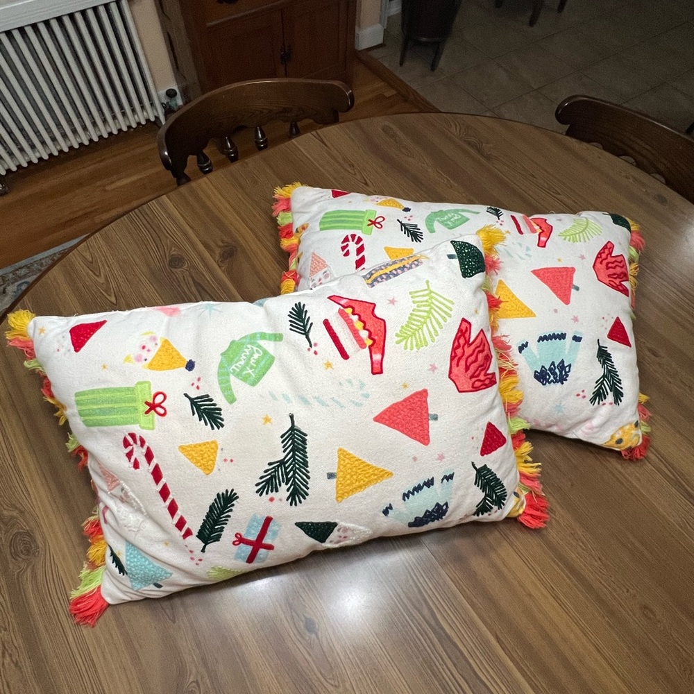 Christmas Pillows (2) Cute Oblong With Fringe Gnomes, Trees Sweaters Candy Canes